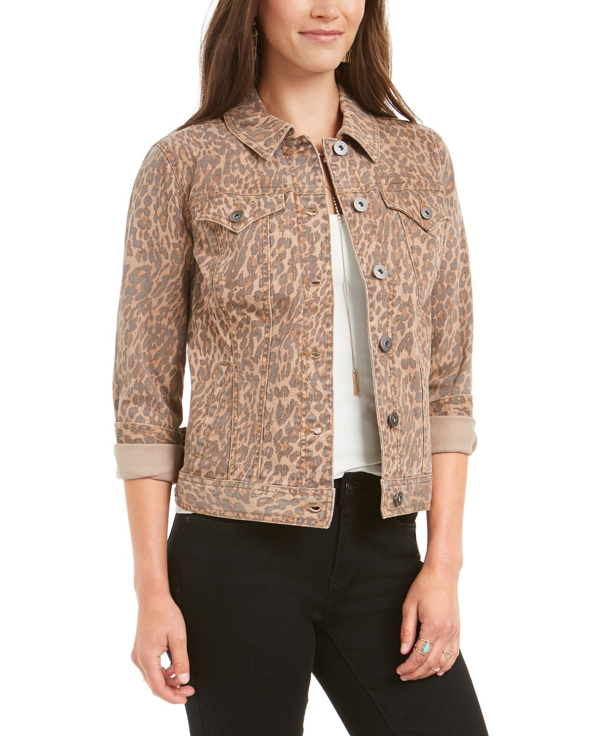Jaqueta jeans feminina com estampa de leopardo Style &amp; Co, amarela, tamanho pequeno