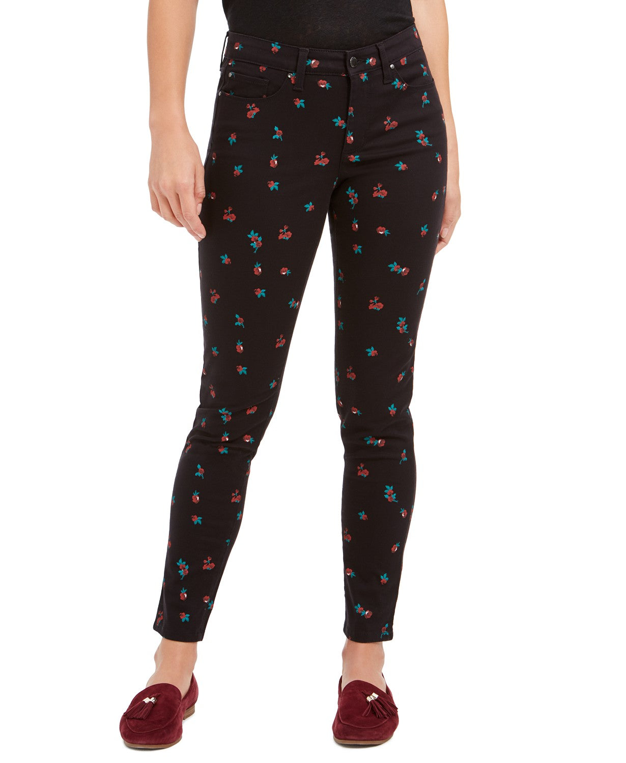 Calça jeans skinny feminina Charter Club com estampa floral, preta, tamanho 8
