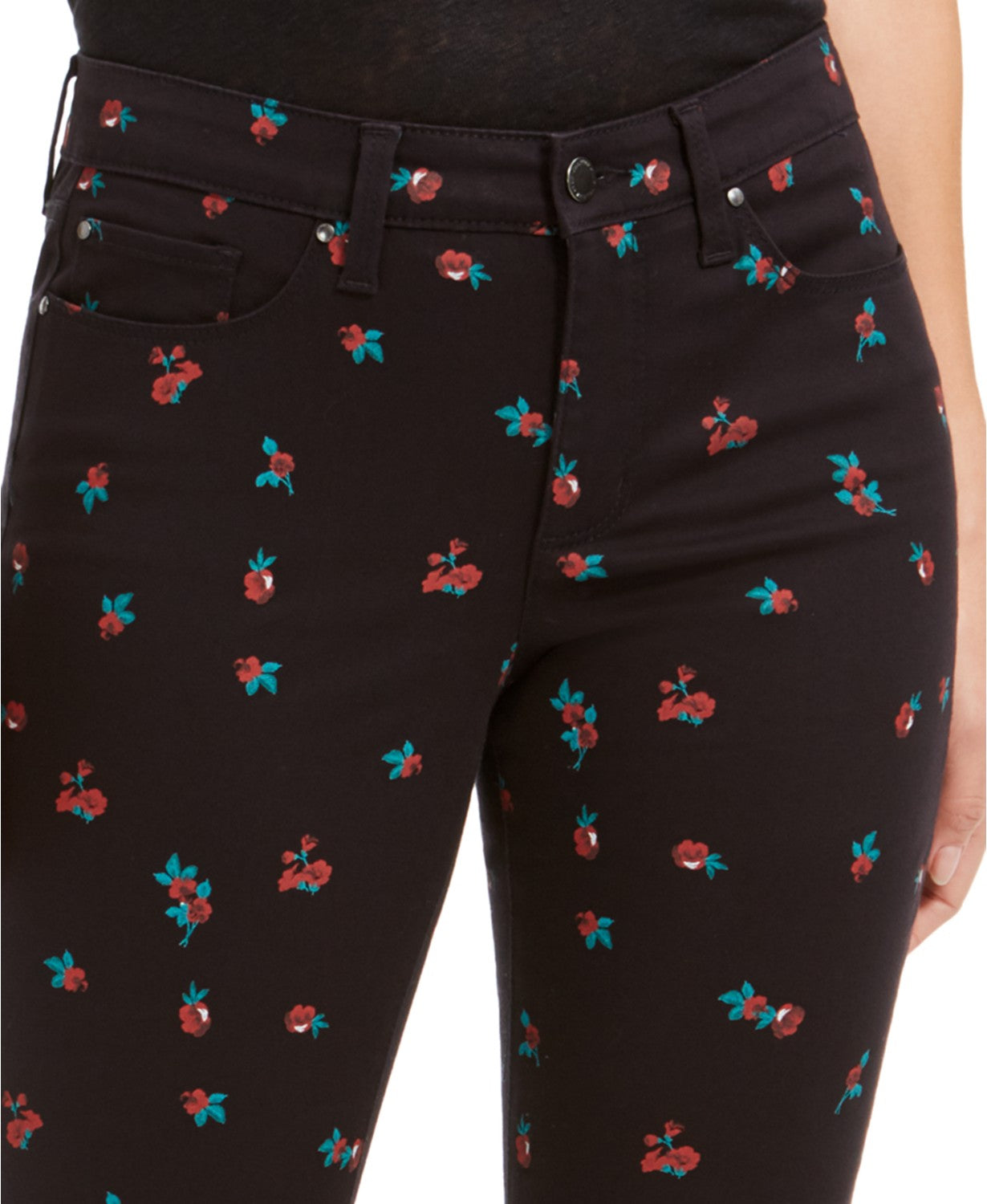 Calça jeans skinny feminina Charter Club com estampa floral, preta, tamanho 8