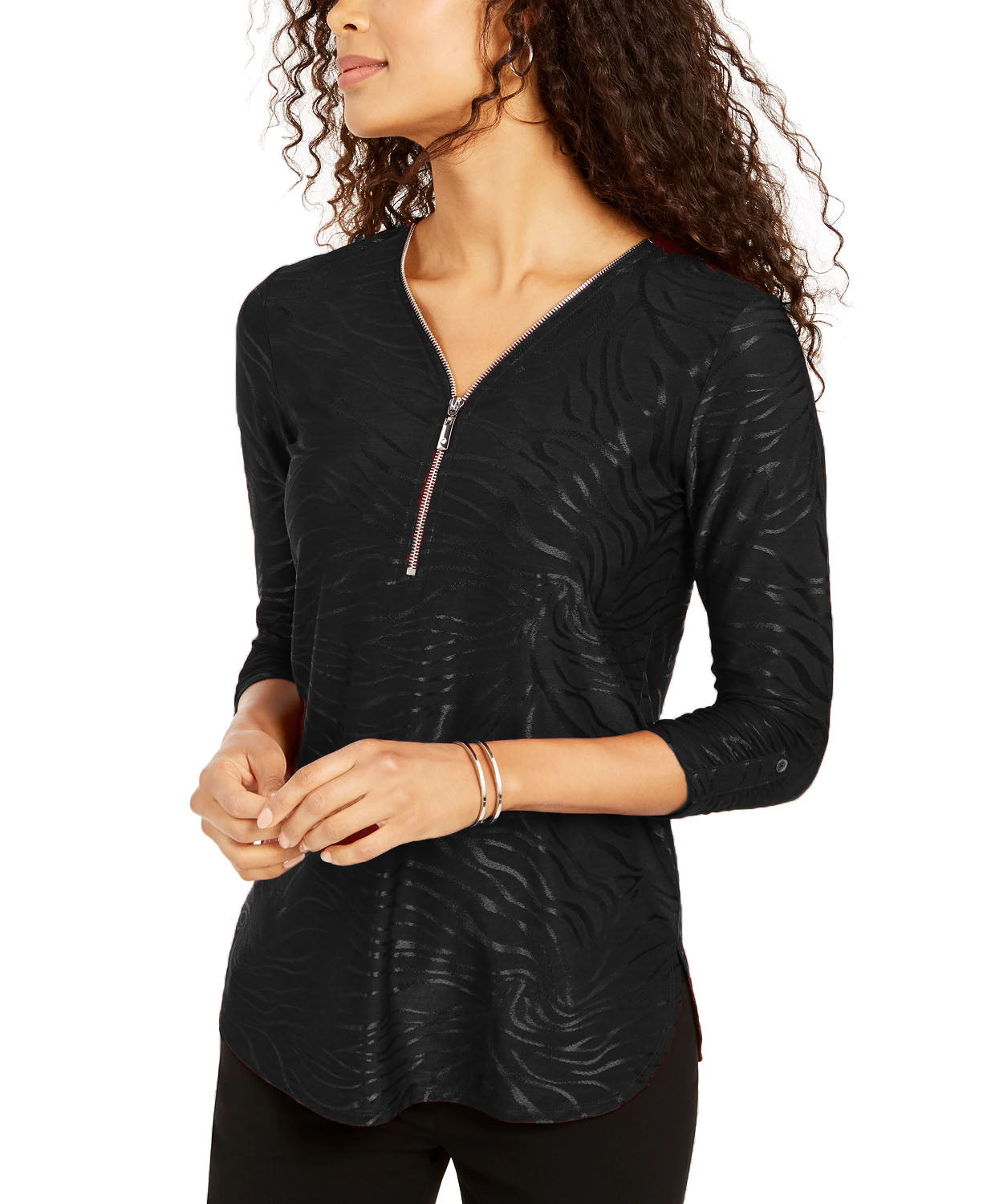 Blusa feminina estampada de veludo com zíper e acabamento em zíper, preta, tamanho grande