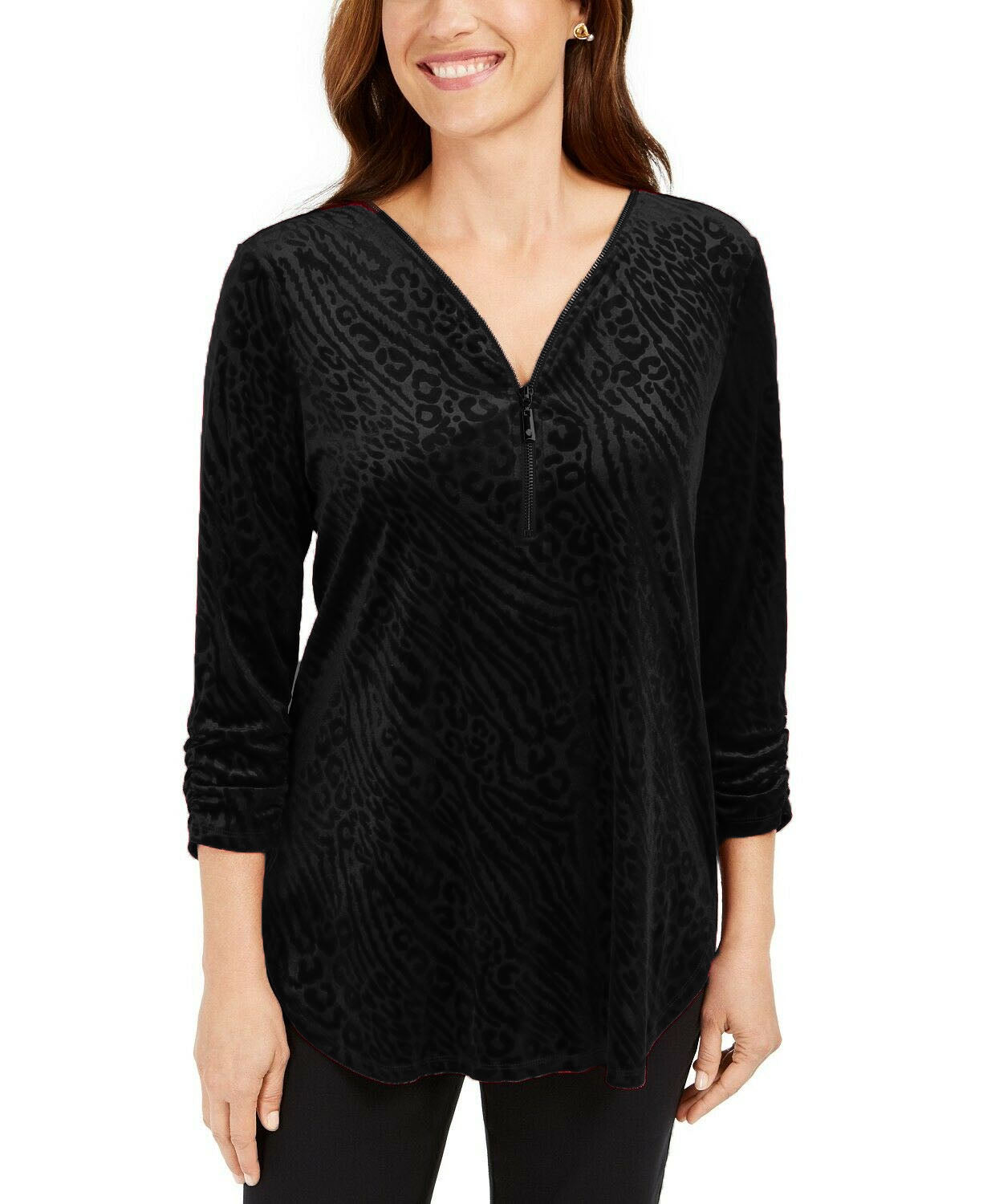 Blusa feminina estampada de veludo com zíper e acabamento em zíper, preta, tamanho grande