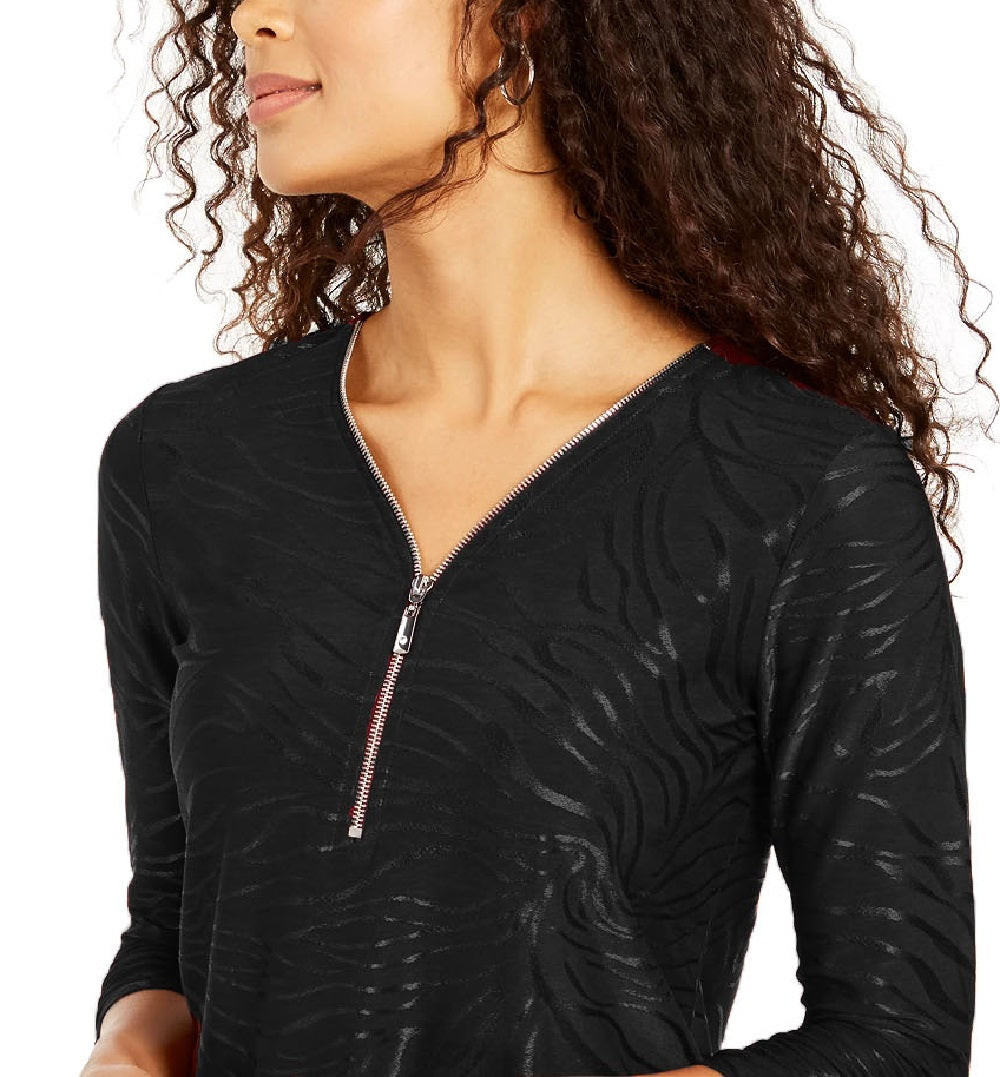 Blusa feminina estampada de veludo com zíper e acabamento em zíper, preta, tamanho grande