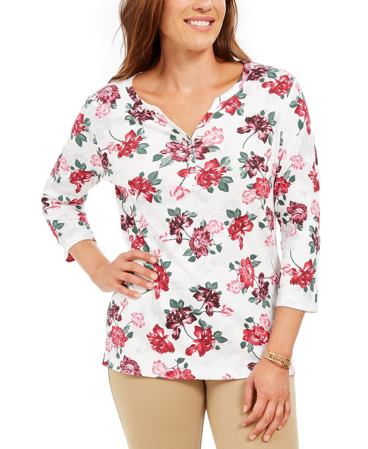 Karen Scott Top Henley Feminino Petite com Estampa Floral Branco Tamanho Petit
