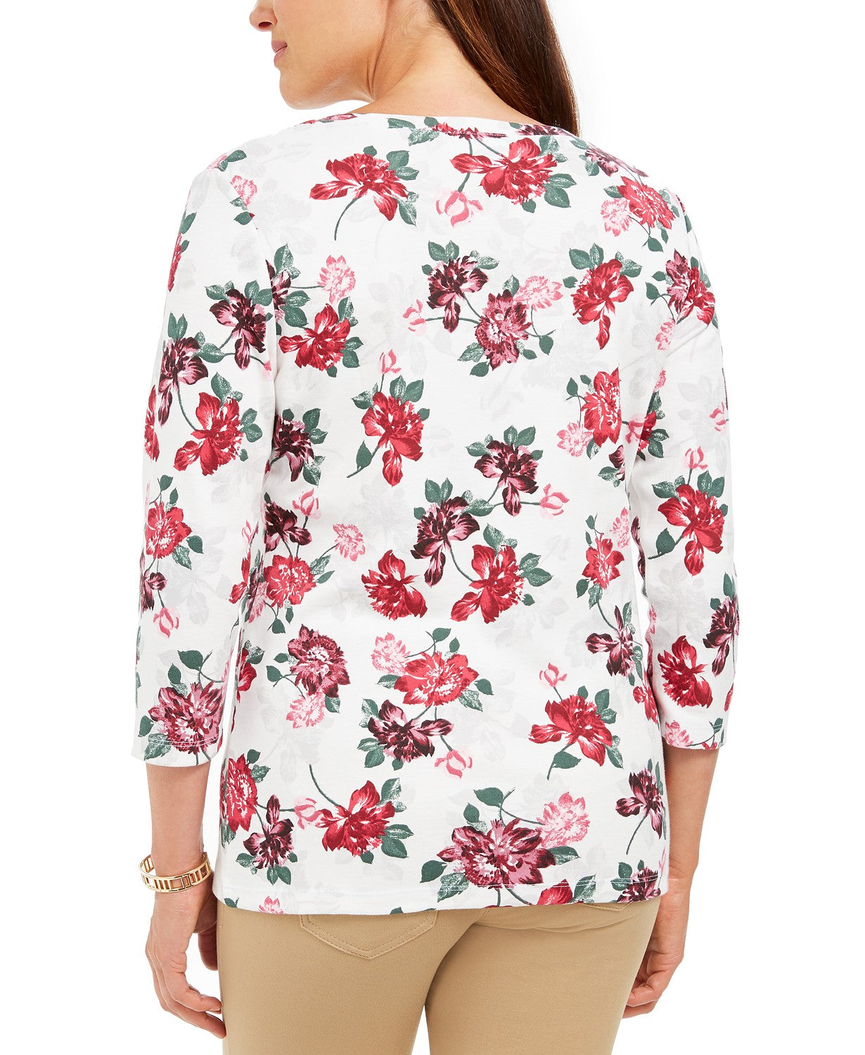 Karen Scott Top Henley Feminino Petite com Estampa Floral Branco Tamanho Petit