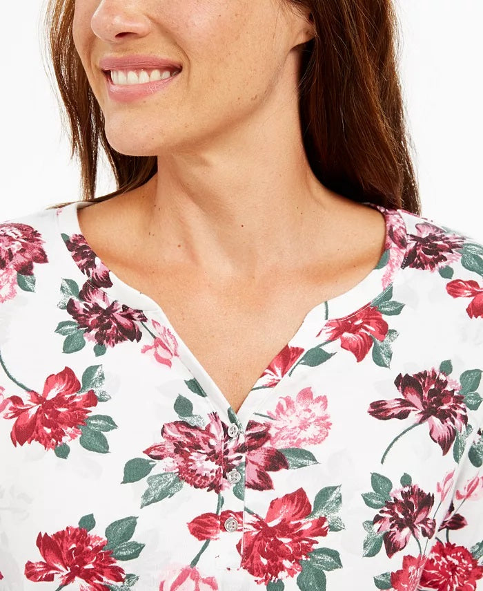 Karen Scott Top Henley Feminino Petite com Estampa Floral Branco Tamanho Petit