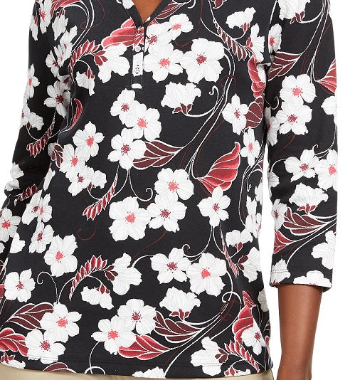 Karen Scott Blusa Feminina Petite Glitter com Estampa Floral Vermelha Tamanho Petite Pequeno