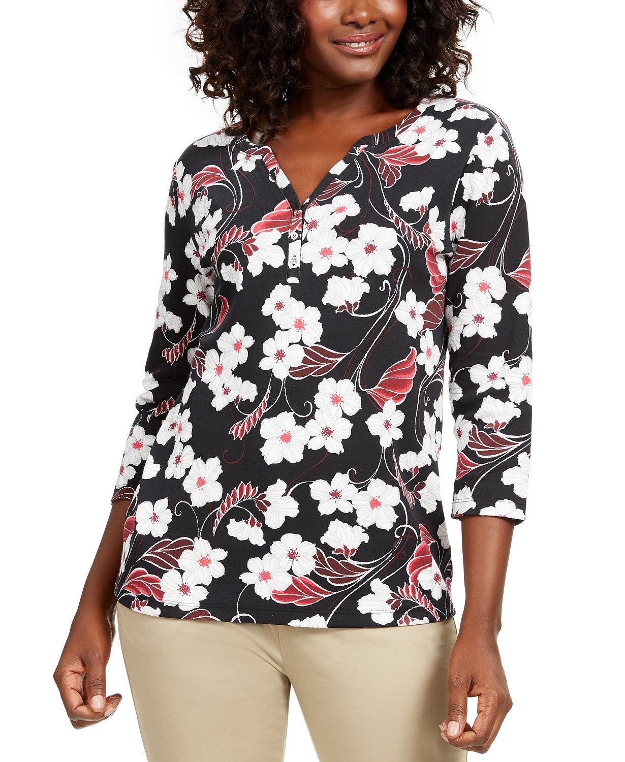 Karen Scott Blusa Feminina Petite Glitter com Estampa Floral Vermelha Tamanho Petite Pequeno