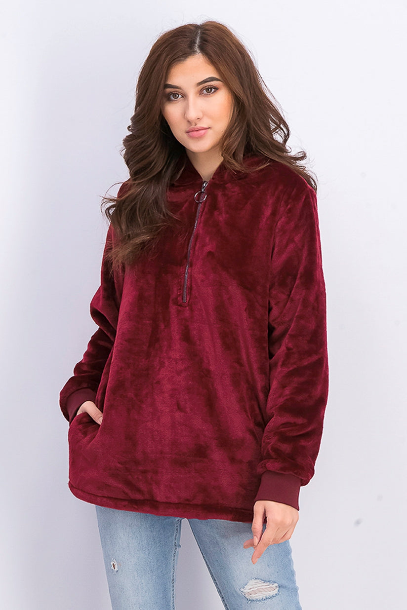 Ideology Moletom com capuz feminino de pele sintética e zíper de um quarto, vermelho, tamanho X-S