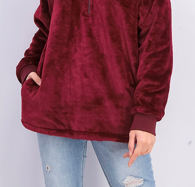 Ideology Moletom com capuz feminino de pele sintética e zíper de um quarto, vermelho, tamanho X-S