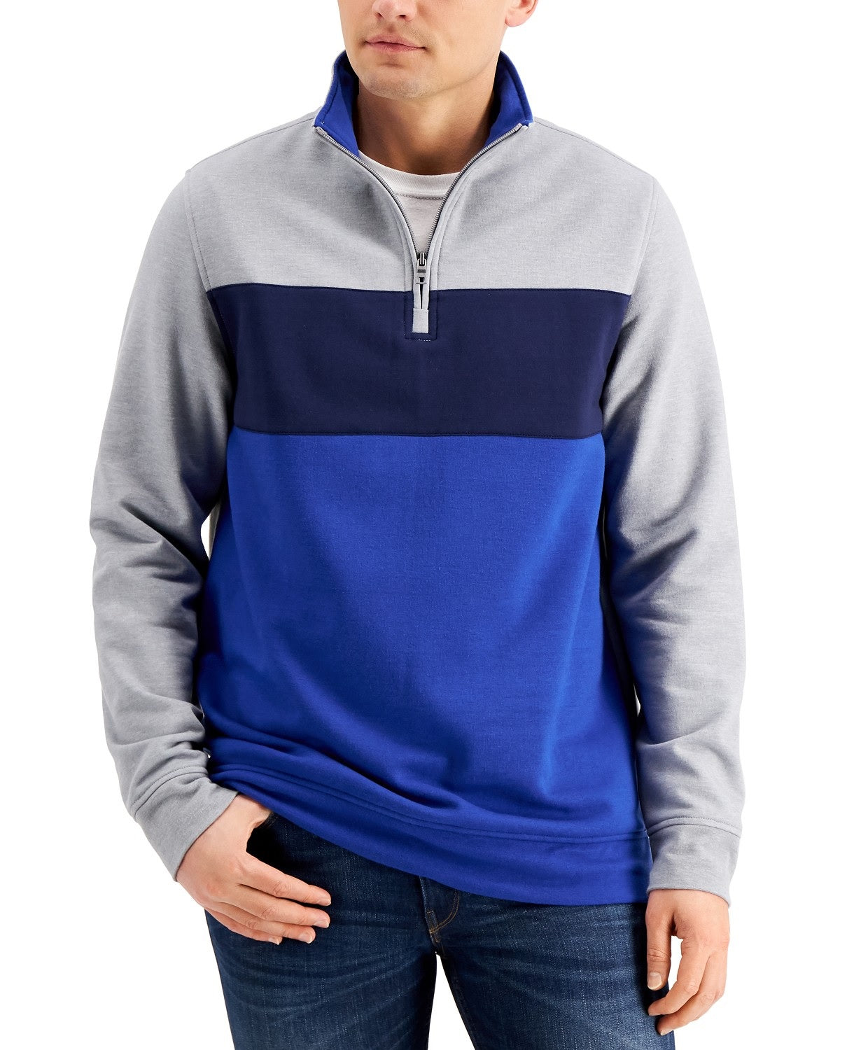 Moletom de lã com blocos de cores e zíper 1/4 masculino Club Room, azul, tamanho grande