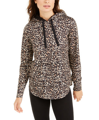 Ideology Moletom com capuz feminino com estampa de leopardo e bainha redonda, marrom, tamanho pequeno