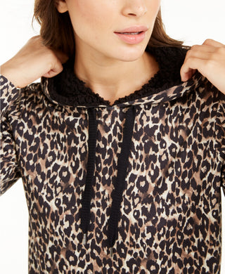Ideology Moletom com capuz feminino com estampa de leopardo e bainha redonda, marrom, tamanho pequeno