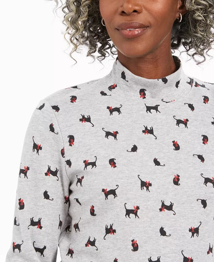 Karen Scott Top feminino com estampa de gatos e laços, gola alta, cinza, tamanho extra grande