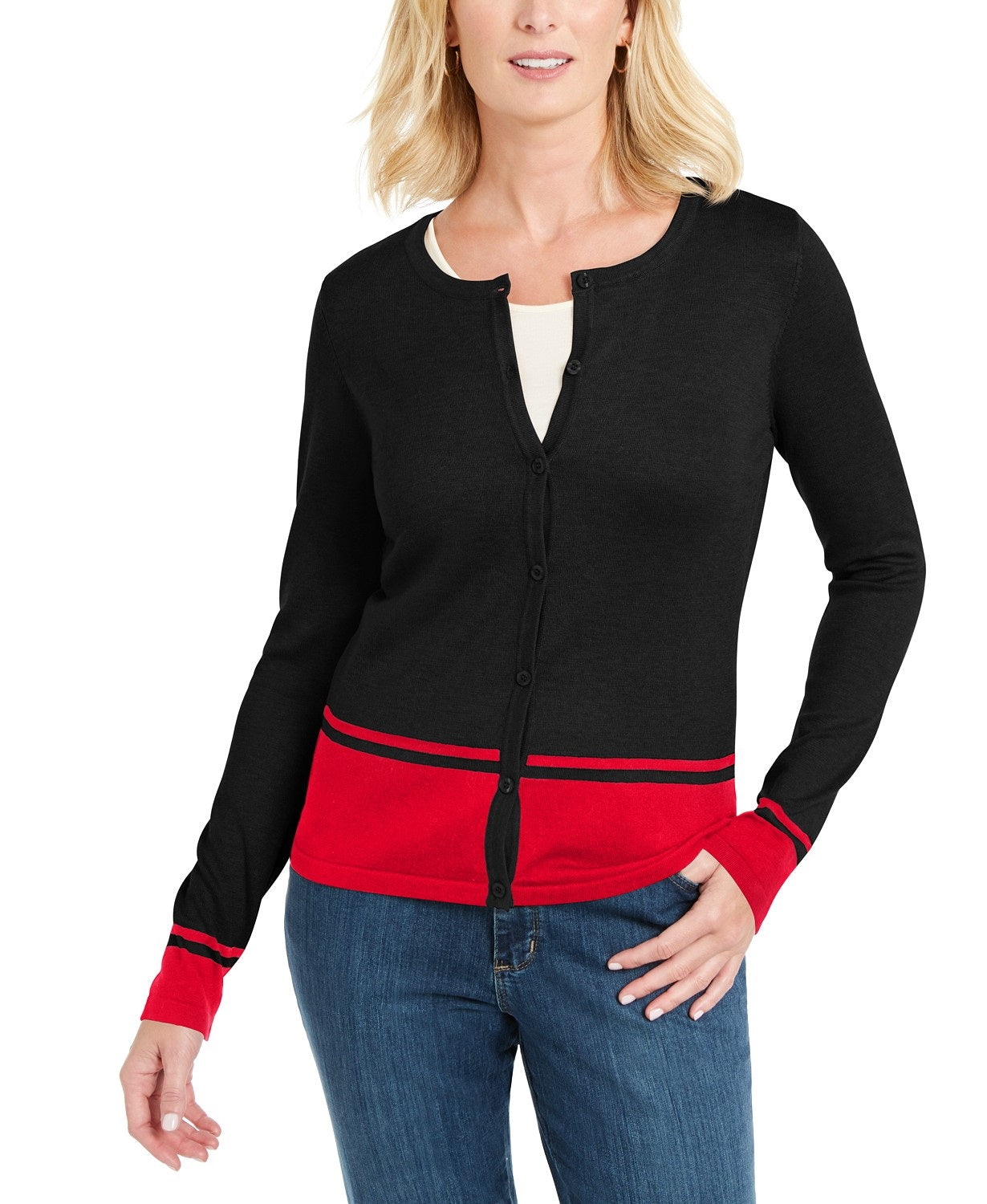 Karen Scott Cardigan Feminino Petite Colorblocked-Hem Carvão Tamanho Grande