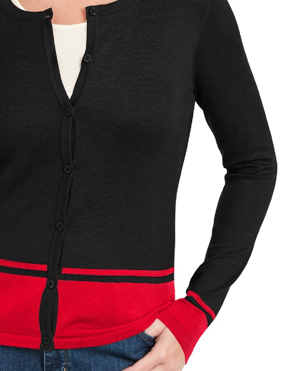 Karen Scott Cardigan Feminino Petite Colorblocked-Hem Carvão Tamanho Grande
