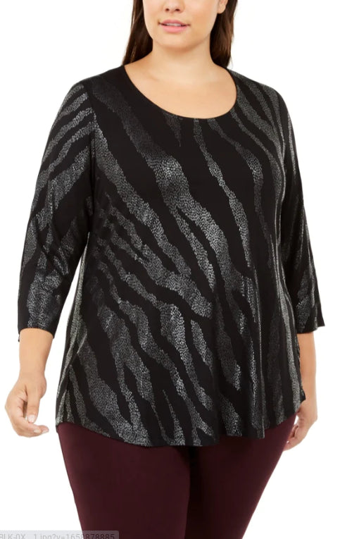 JM Collection Top feminino plus size com decote redondo e estampa, preto, tamanho extra grande