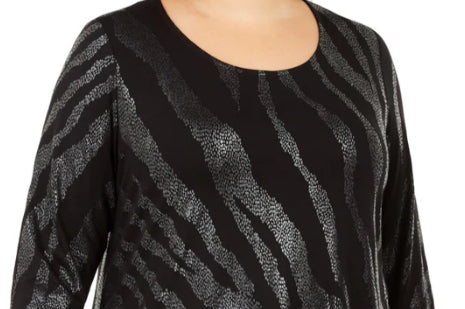 JM Collection Top feminino plus size com decote redondo e estampa, preto, tamanho extra grande