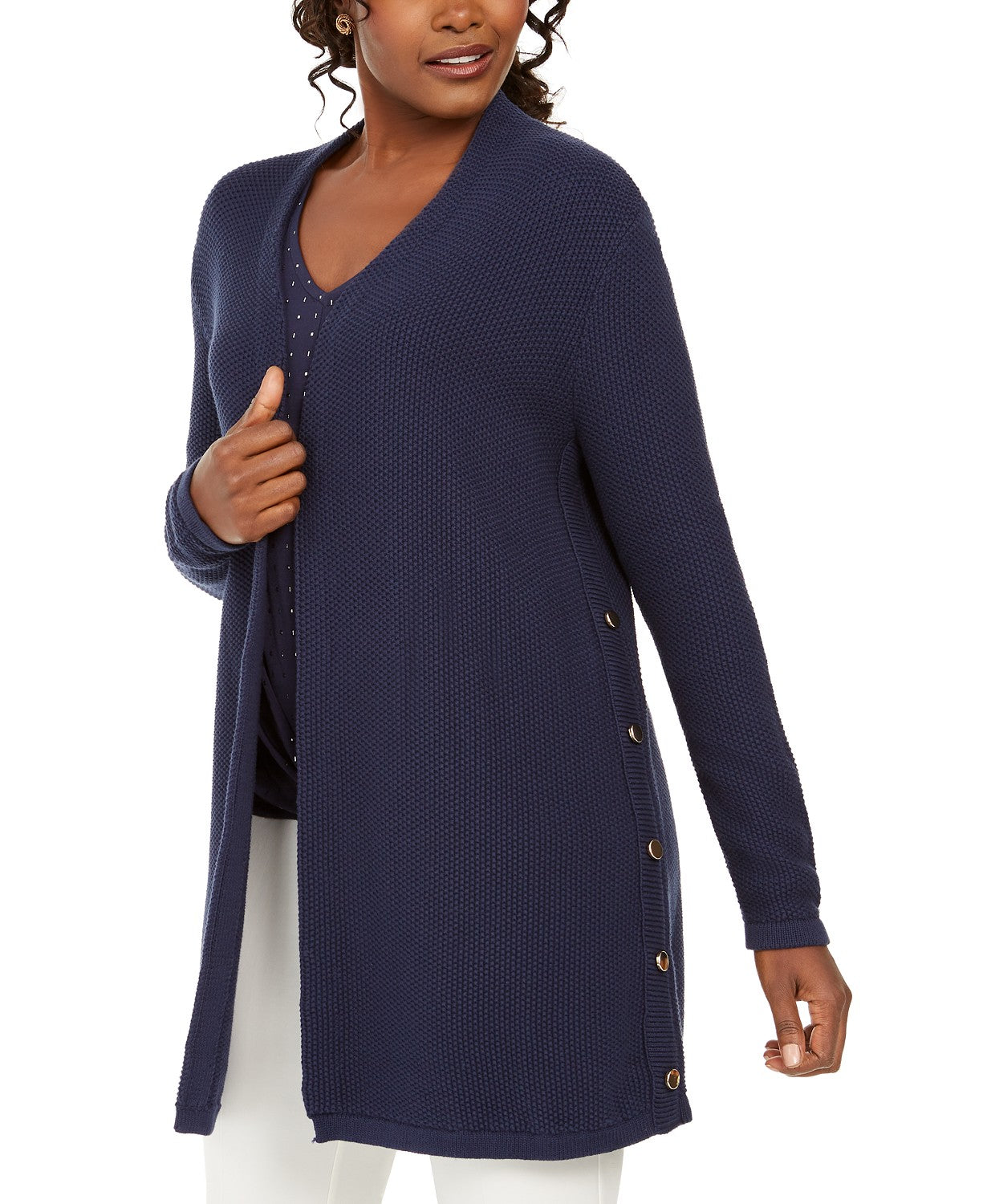 Cardigan feminino de algodão com botões laterais e abertura frontal, tamanho grande, azul, da coleção JM