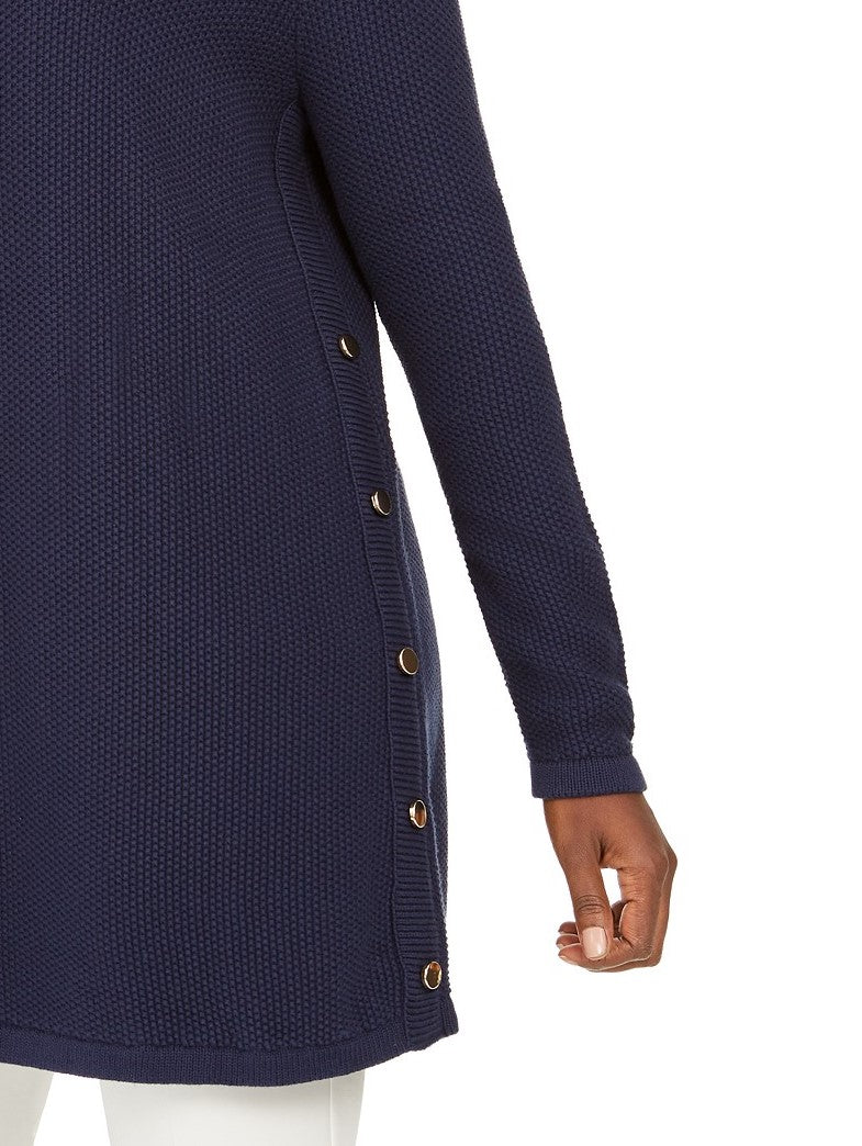 Cardigan feminino de algodão com botões laterais e abertura frontal, tamanho grande, azul, da coleção JM