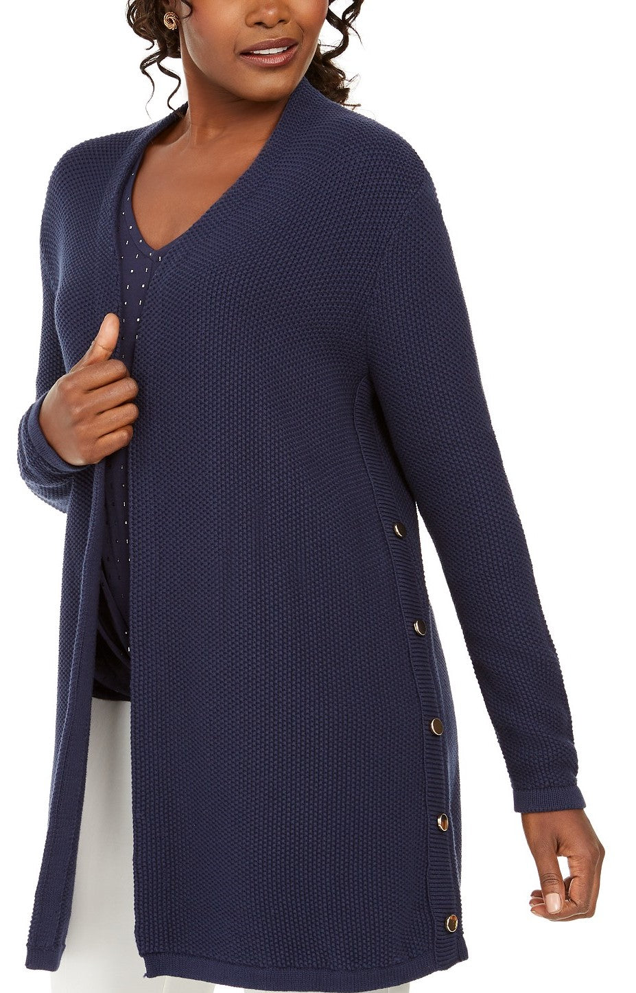 Cardigan feminino de algodão com botões laterais e abertura frontal, tamanho médio, azul, da coleção JM