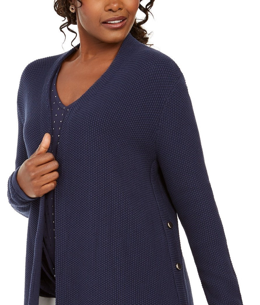 Cardigan feminino de algodão com botões laterais e abertura frontal, tamanho médio, azul, da coleção JM