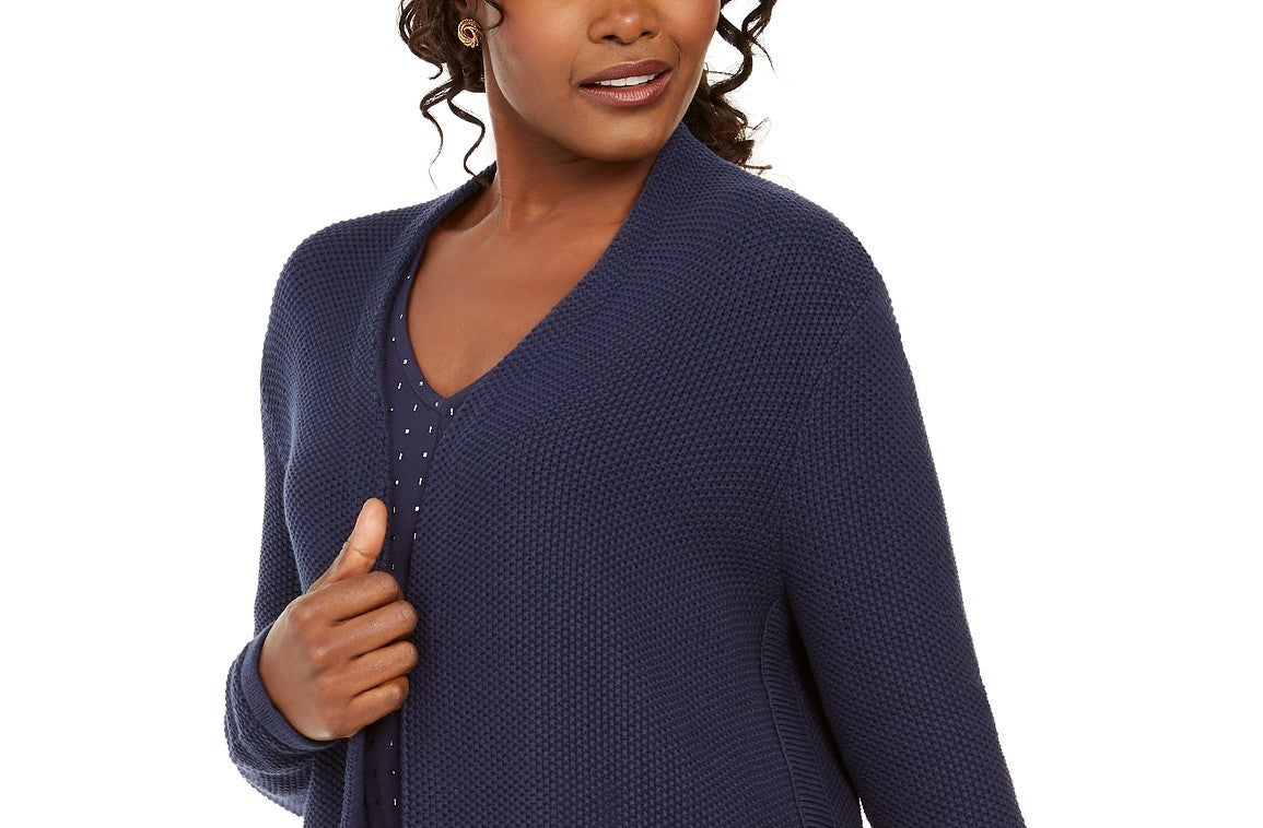 Cardigan feminino JM Collection com botões laterais e abertura frontal, azul, tamanho pequeno