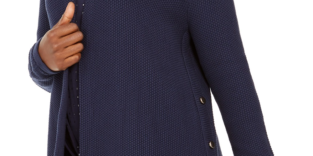 Cardigan feminino de algodão com botões laterais e abertura frontal, tamanho extra grande, azul, da coleção JM
