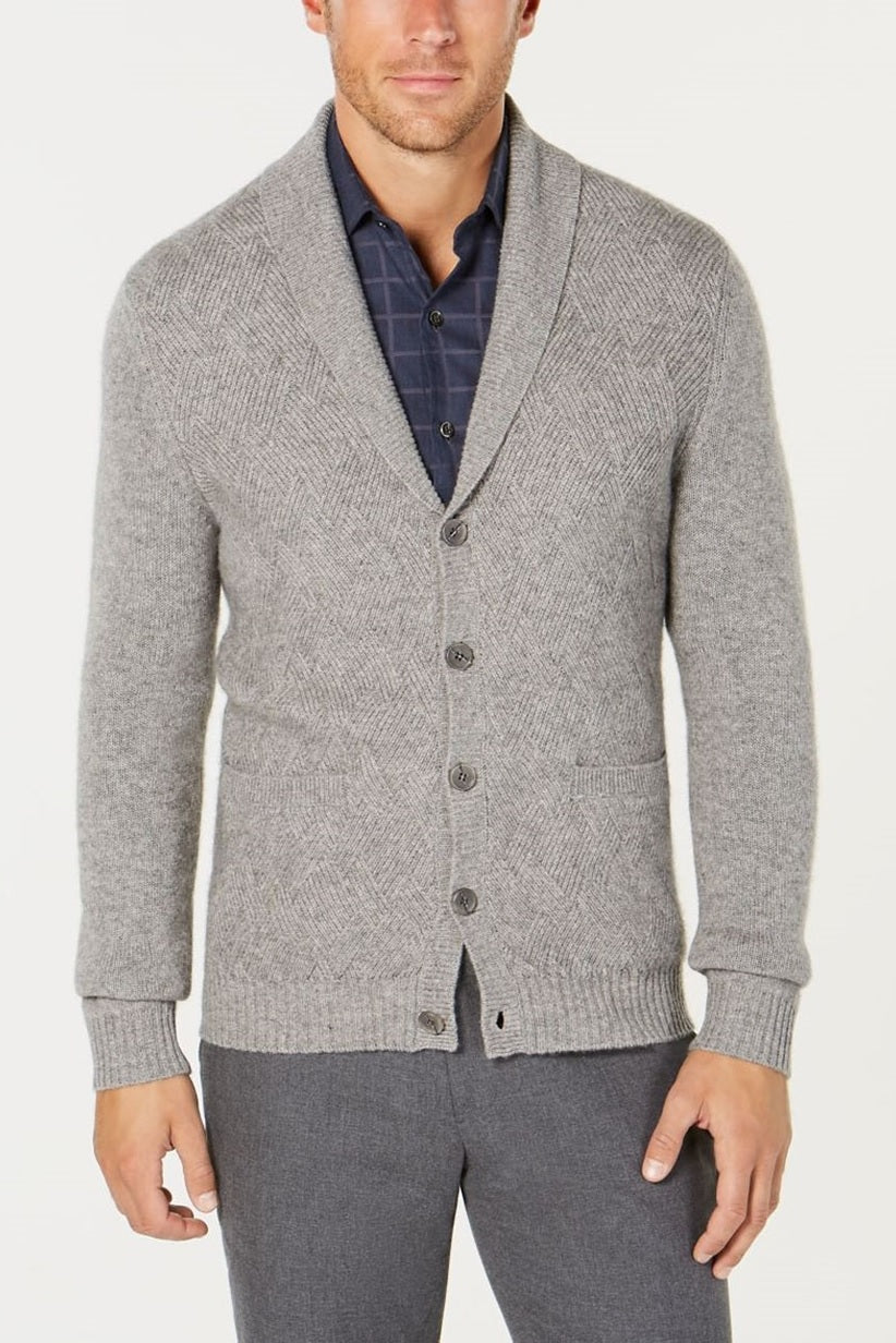 Cardigan masculino de cashmere com botões Tasso Elba, tamanho médio, cinza, grande