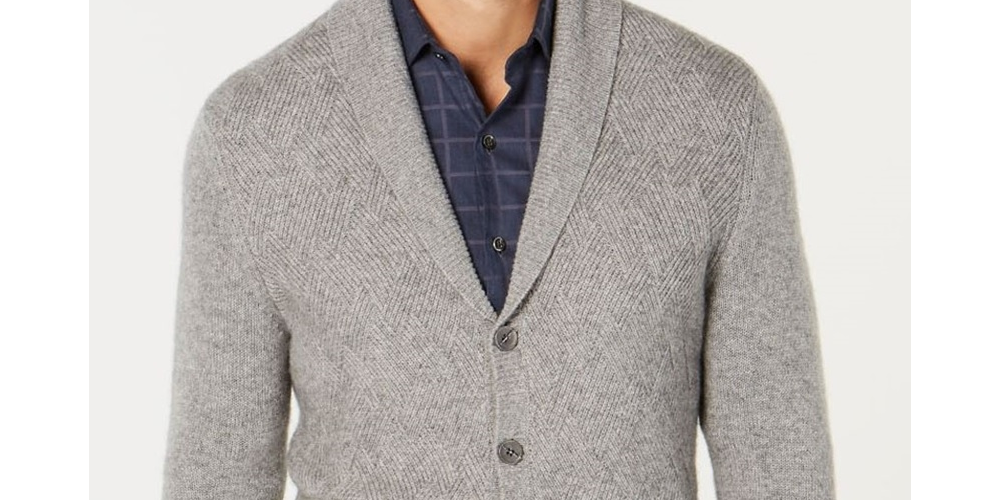 Cardigan masculino de cashmere com botões Tasso Elba, tamanho médio, cinza, grande