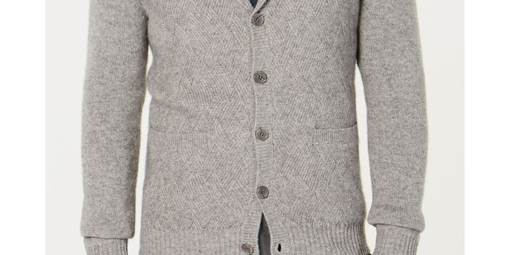 Cardigan masculino de cashmere com botões Tasso Elba, tamanho médio, cinza, grande