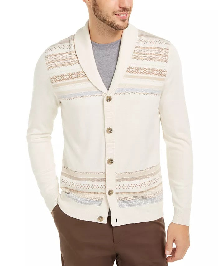 Cardigan masculino de malha intarsia com listras geométricas Tasso Elba, branco, tamanho grande