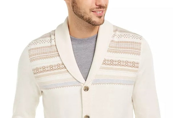 Cardigan masculino de malha intarsia com listras geométricas Tasso Elba, branco, tamanho grande