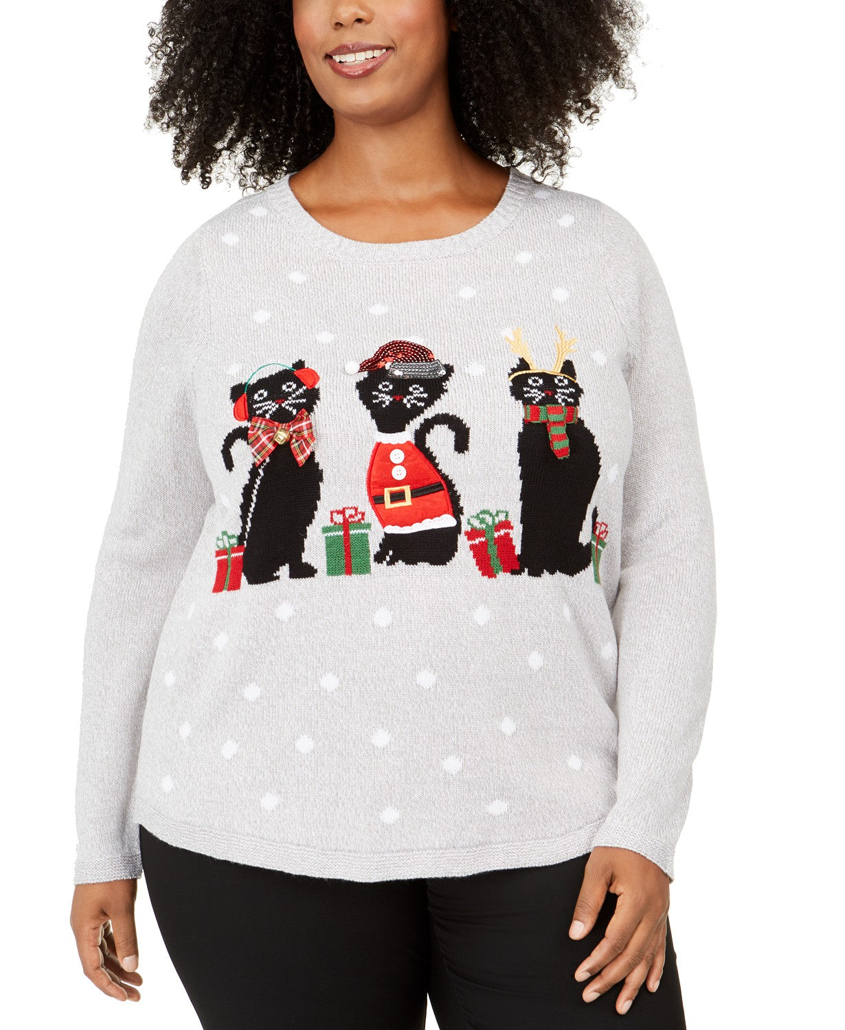 Moletom feminino Karen Scott com estampa de gatos e feriados plus size, cinza médio, tamanho 1X