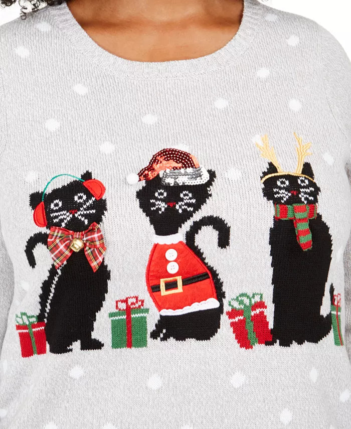 Moletom feminino Karen Scott com estampa de gatos e feriados plus size, cinza médio, tamanho 1X