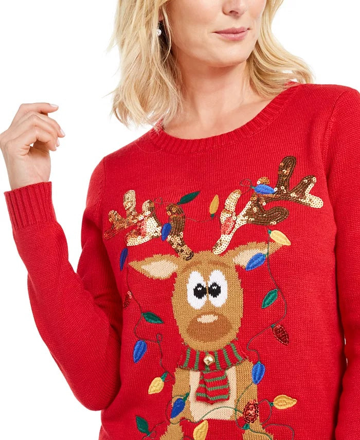 Karen Scott Suéter Feminino Rena Emaranhada com Lantejoulas Vermelho Tamanho Extra Grande