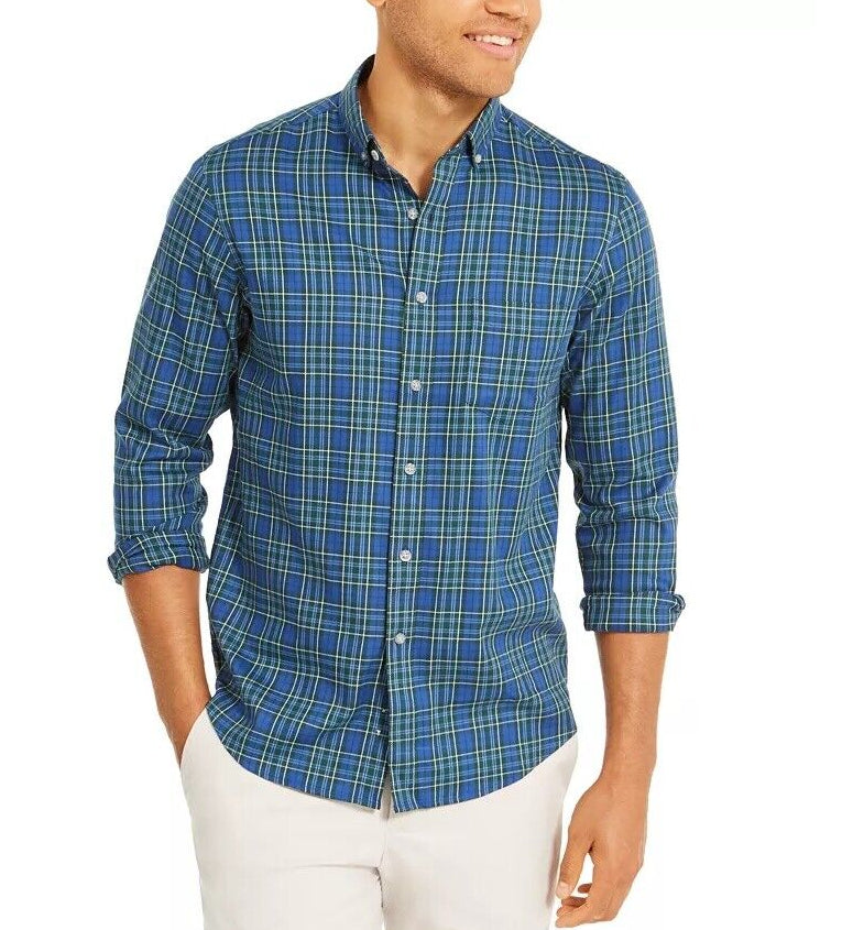 Camisa xadrez elástica de desempenho regular masculina Club Room, azul, tamanho XX-G