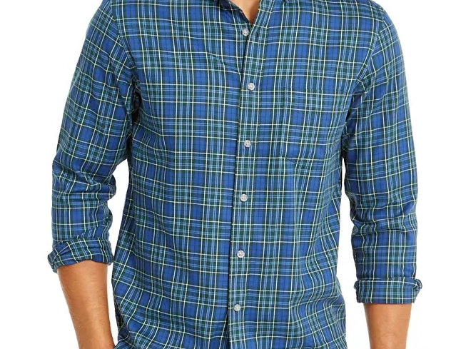 Camisa xadrez elástica de desempenho regular masculina Club Room, azul, tamanho XX-G