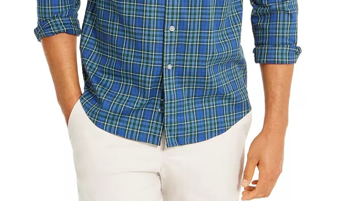 Camisa xadrez elástica de desempenho regular masculina Club Room, azul, tamanho XX-G