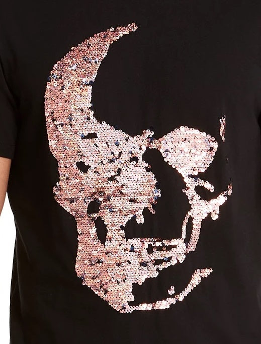 Camiseta masculina com estampa de caveira e lantejoulas Renew da INC International Concepts, preta, tamanho médio