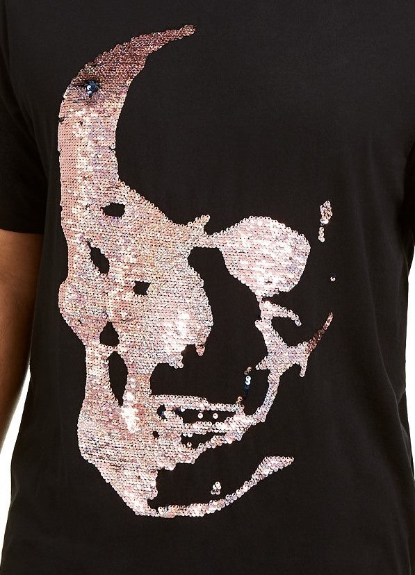 Camiseta masculina grande e alta com estampa de caveira e lantejoulas da INC International Concepts, preta, tamanho extragrande