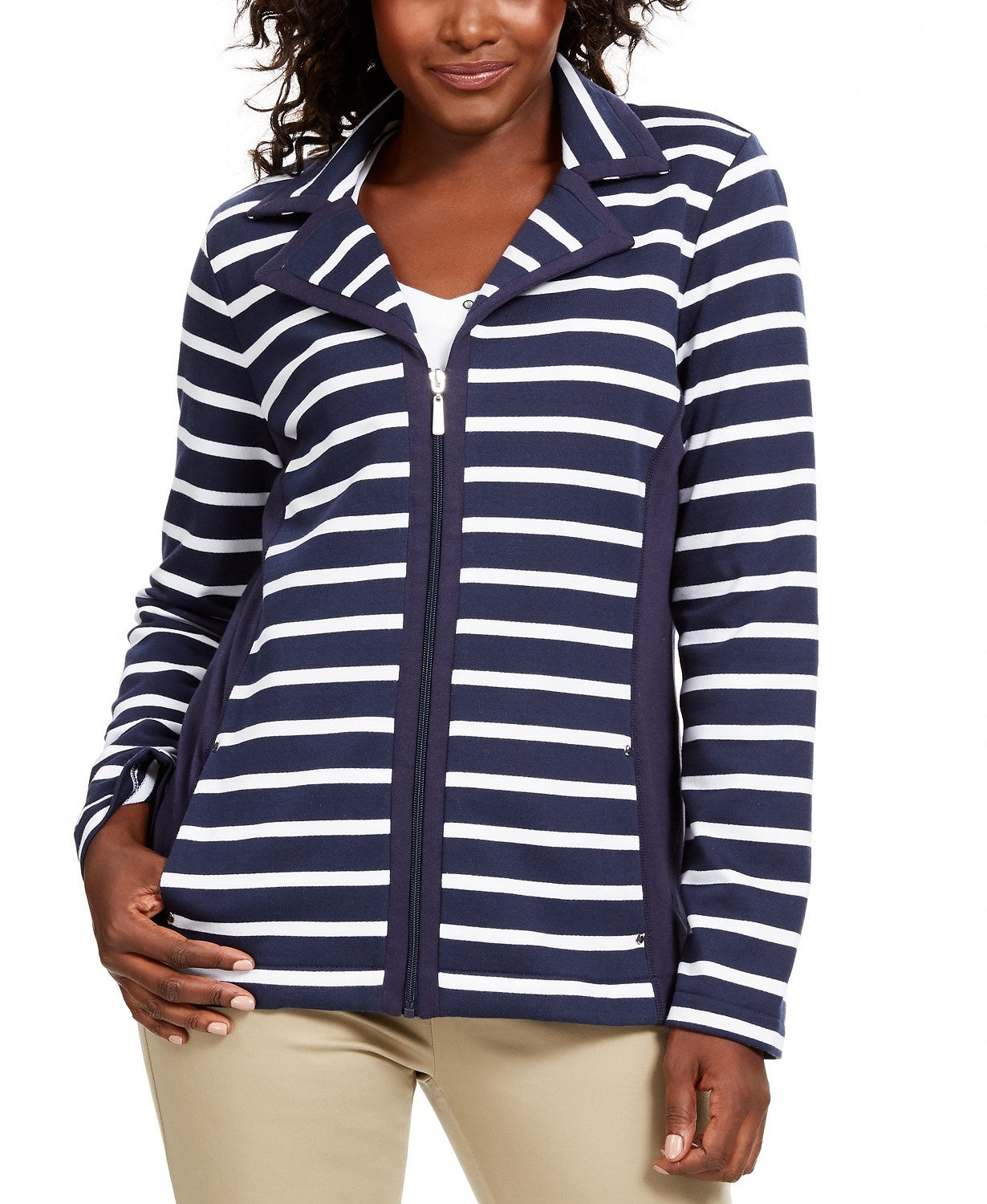 Jaqueta feminina Karen Scott Sport French Terry listrada azul tamanho extra grande