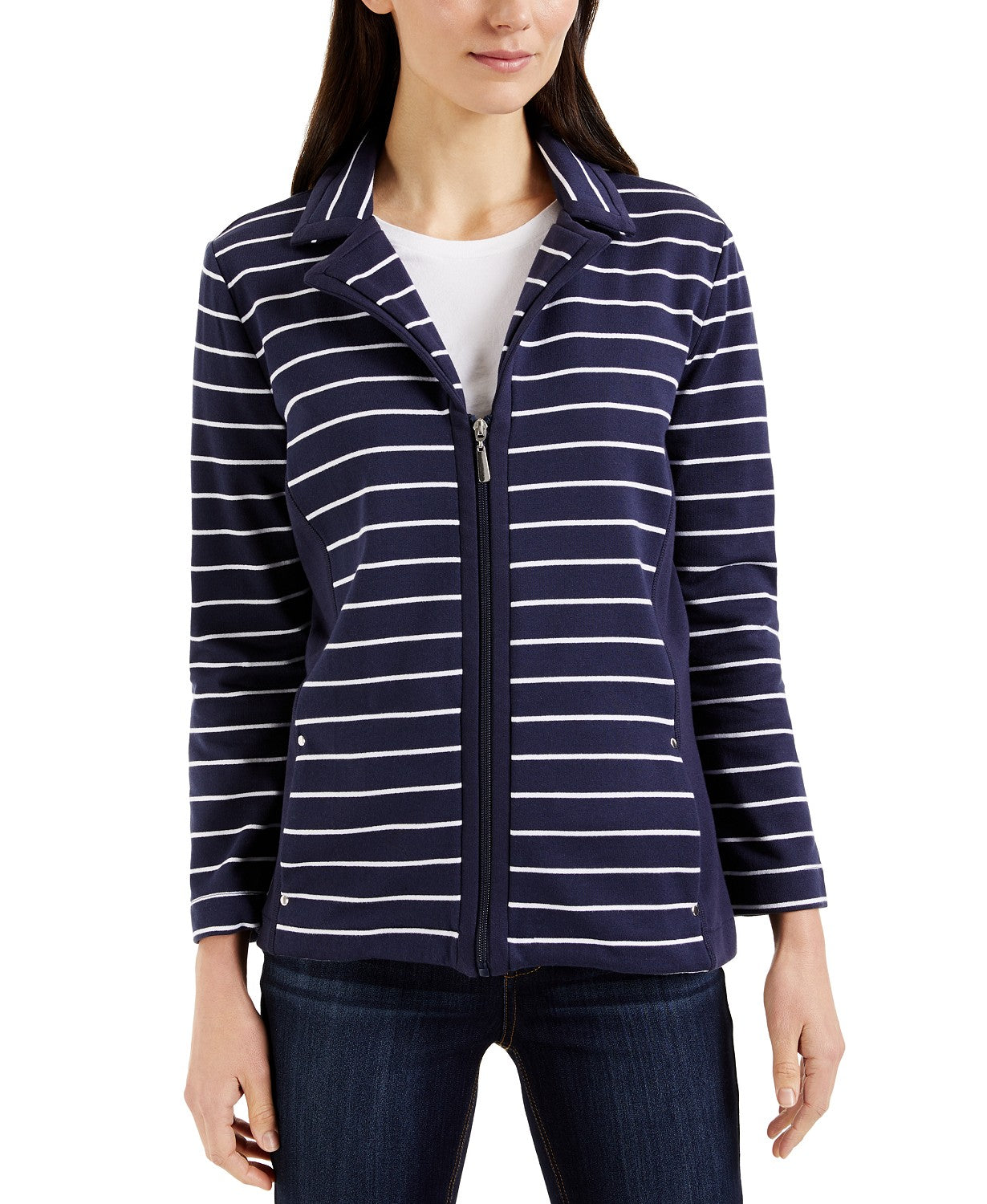 Jaqueta feminina Karen Scott Sport French Terry listrada azul marinho tamanho médio