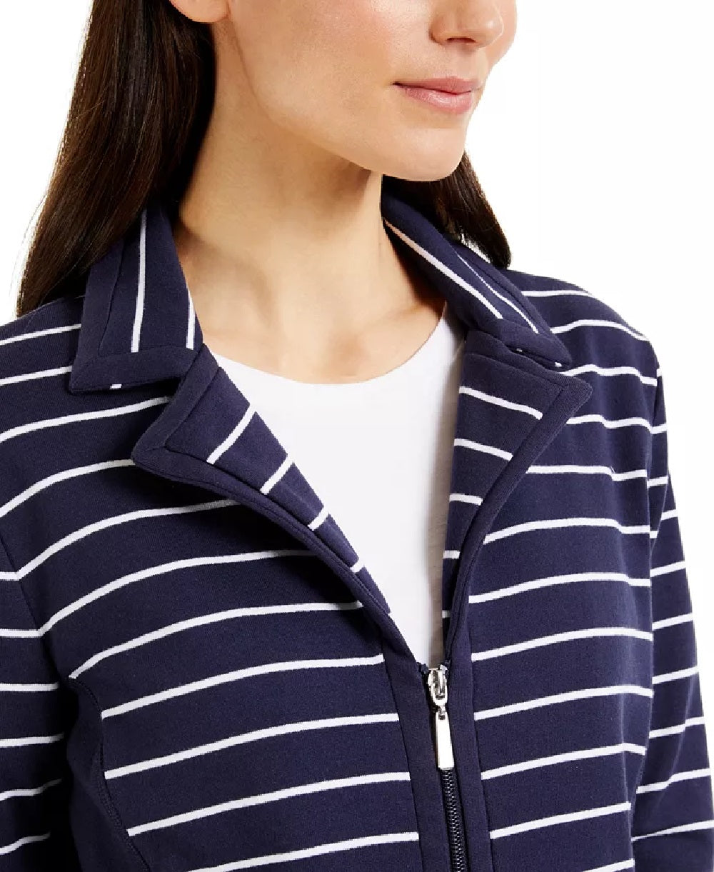Jaqueta feminina Karen Scott Sport French Terry listrada azul marinho tamanho médio