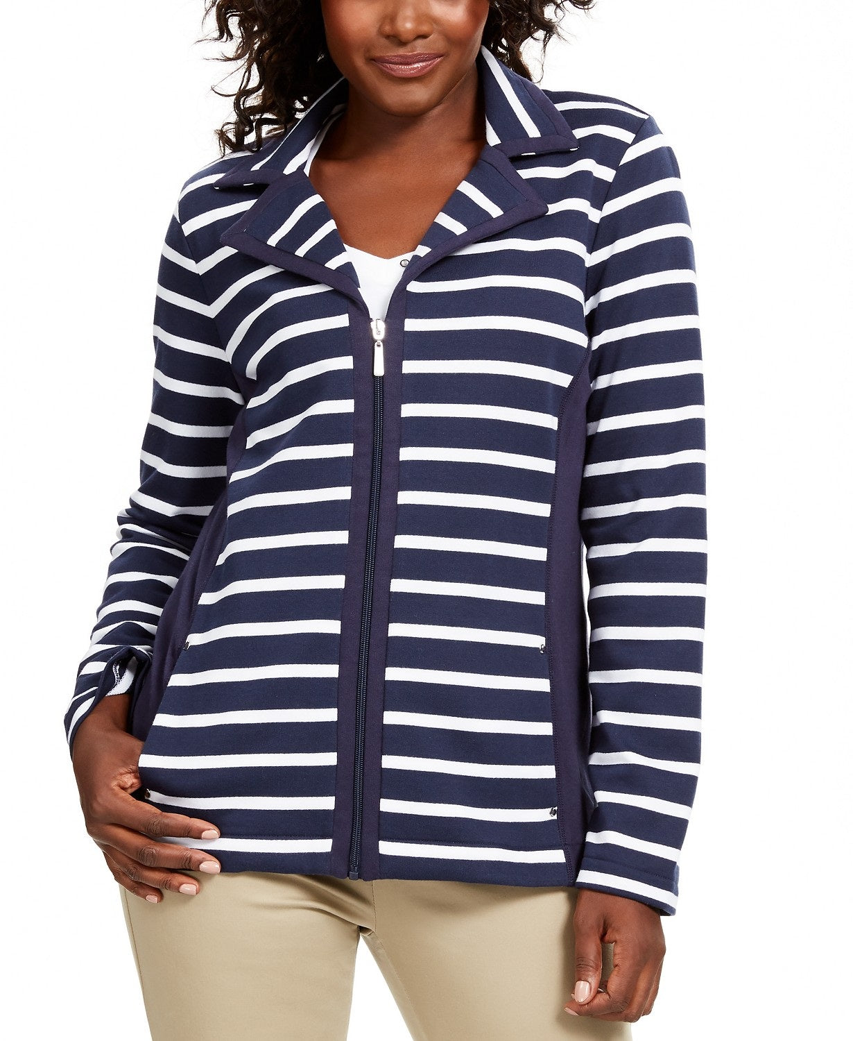 Jaqueta feminina Karen Scott Sport French Terry listrada azul marinho tamanho P