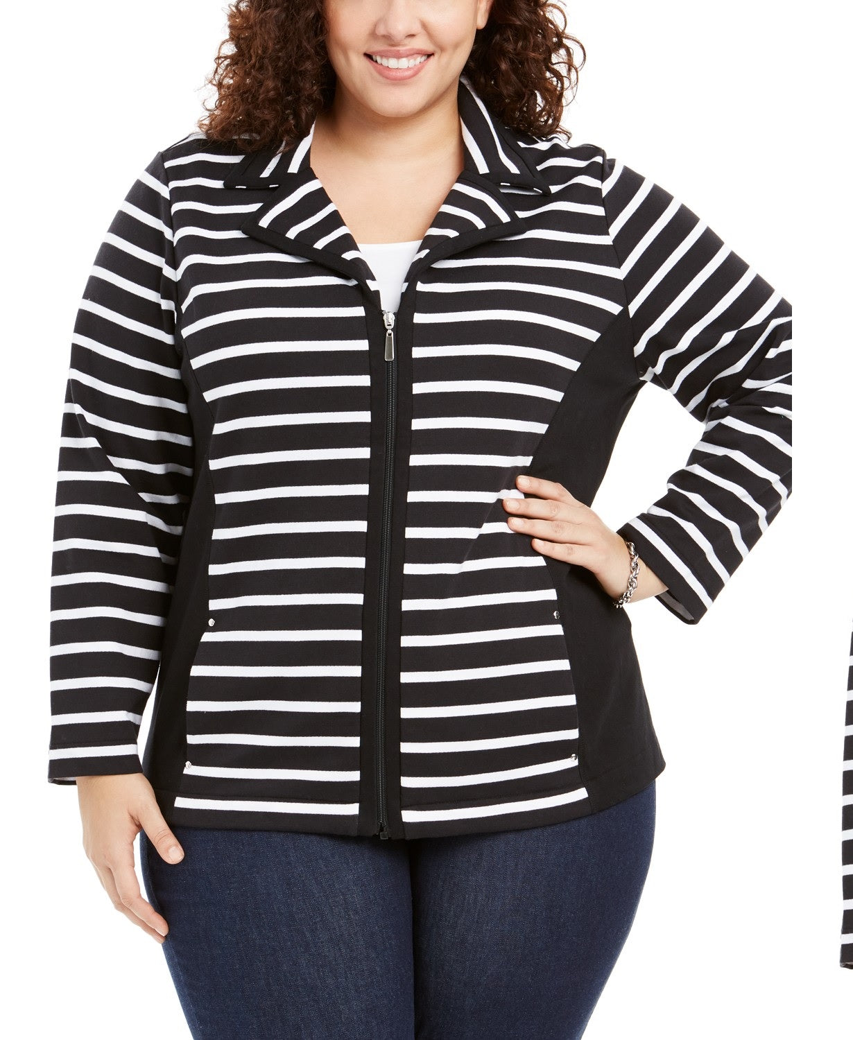 Jaqueta feminina Karen Scott plus size com gola entalhada e zíper frontal, preta, tamanho extrapequeno