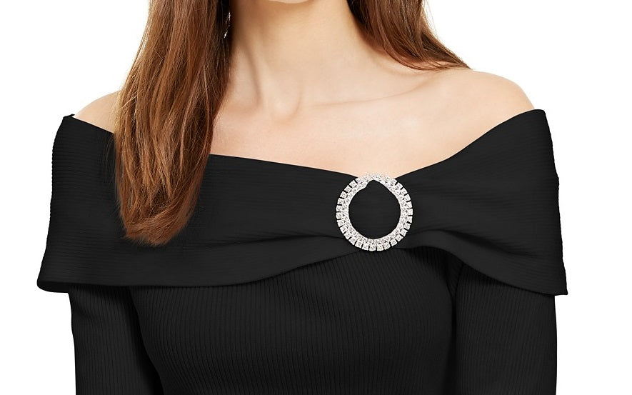 Suéter feminino ombro a ombro com detalhes embelezados, preto, tamanho pequeno, da INC International Concepts