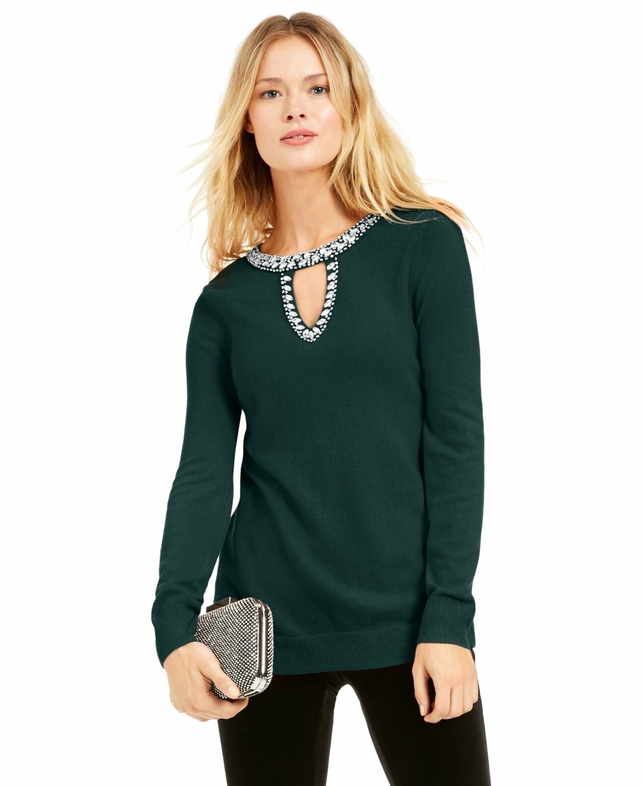 Suéter feminino com decote em V e botões da INC International Concepts, tamanho extra pequeno, verde