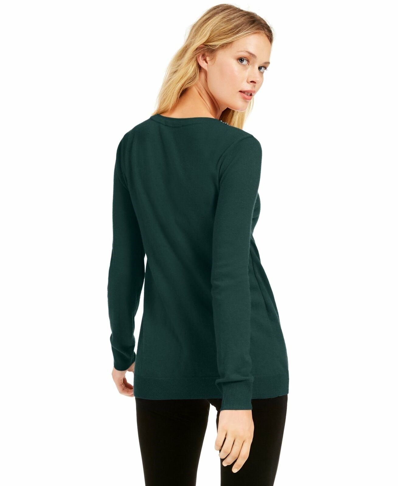 Suéter feminino com decote em V e botões da INC International Concepts, tamanho extra pequeno, verde