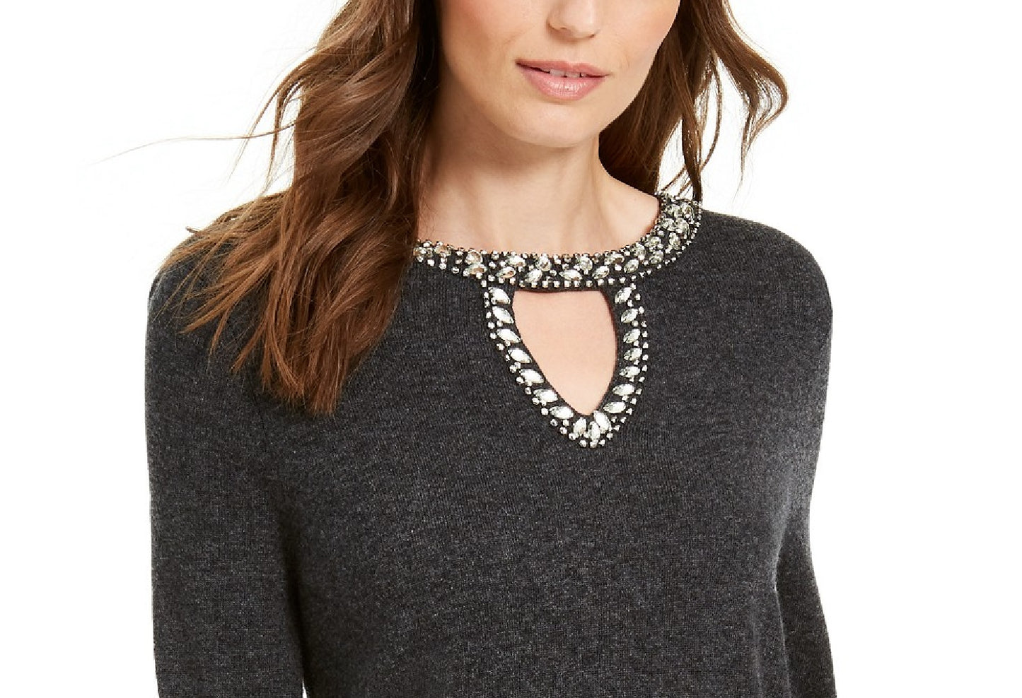 Suéter feminino com decote em V e botões da INC International Concepts, tamanho grande, na cor carvão