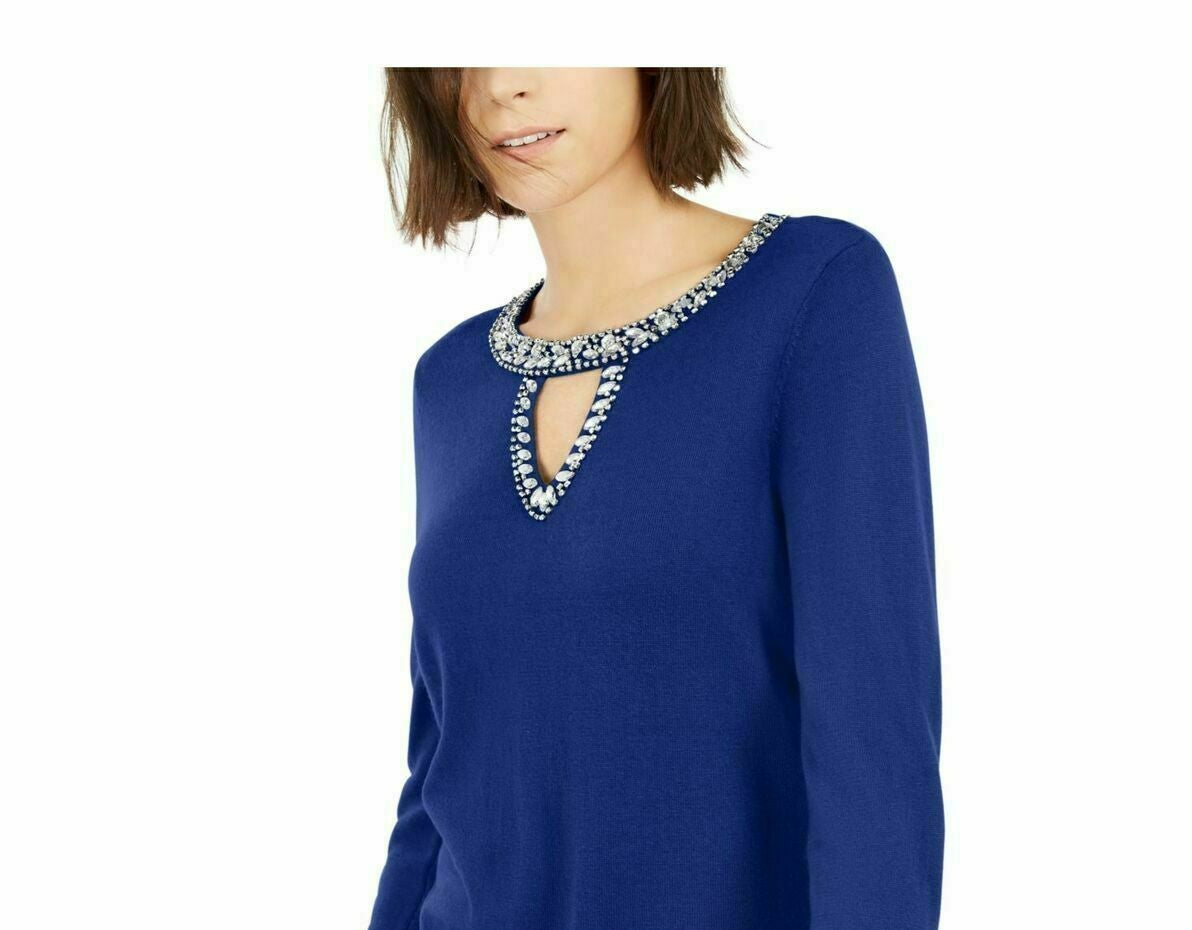 Suéter feminino com decote em V e botões da INC International Concepts, azul marinho, tamanho grande